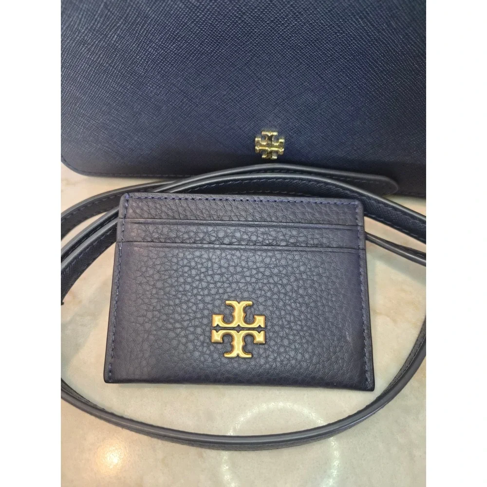 Tory Burch Robinson Navy Saffiano Leather Convertible Shoulder Bag Card Holder